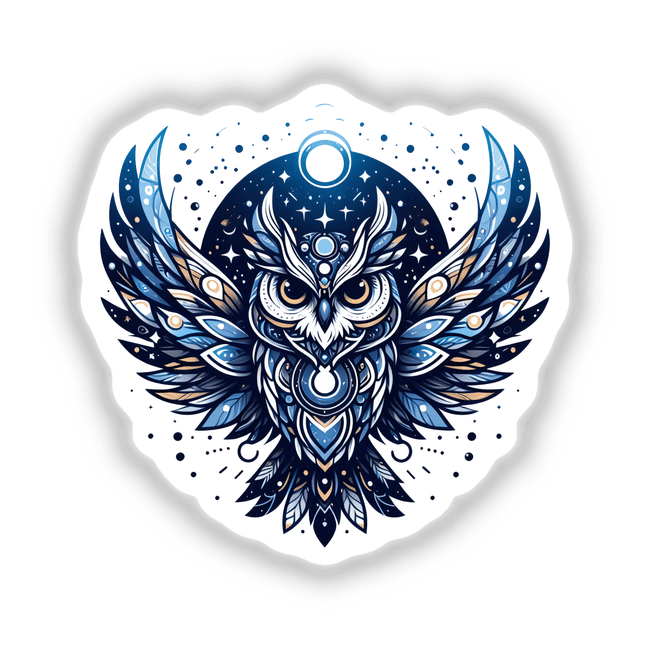 Decorative digital artwork of a celestial blue owl with intricate feather patterns, mystical symbols, and a starry night sky background.