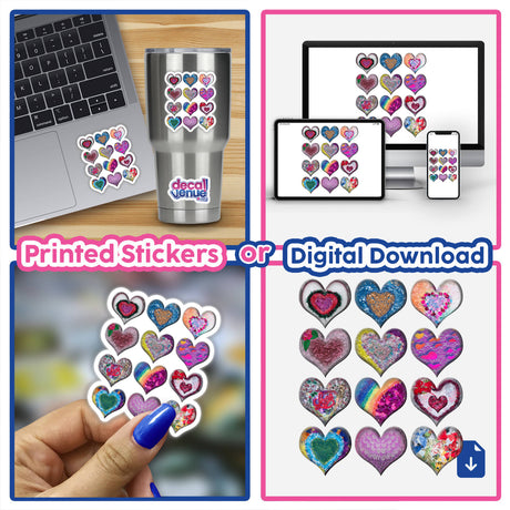 Collage featuring laptops adorned with heart stickers, showcasing Decal Venue's unique vinyl sticker collection. A hand holds a heart-themed sticker, emphasizing the store's specialty in creative digital art designs.