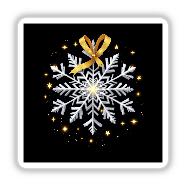 Silver Snowflake with Gold Ribbon and Twinkling Lights, available as stickers or digital artwork, featuring a delicate snowflake adorned with a shimmering gold bow, perfect for festive decor.