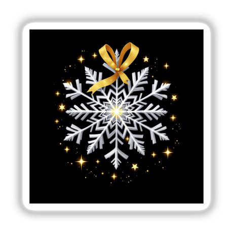 Silver Snowflake with Gold Ribbon and Twinkling Lights, available as stickers or digital artwork, featuring a delicate snowflake adorned with a shimmering gold bow, perfect for festive decor.