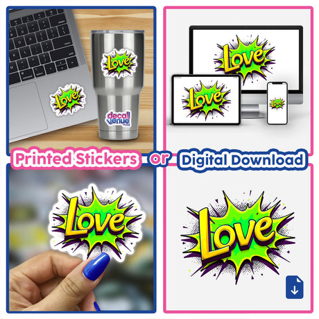 Collage featuring Love Valentine's Day stickers and digital artwork, including a laptop with a sticker, emphasizing unique designs from Decal Venue.