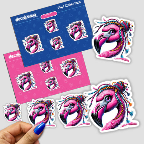 Flamingo with Braided Yarn Hair Bun sticker, showcasing a playful flamingo design. Ideal for personalizing surfaces, it reflects Decal Venue's unique vinyl sticker collection.