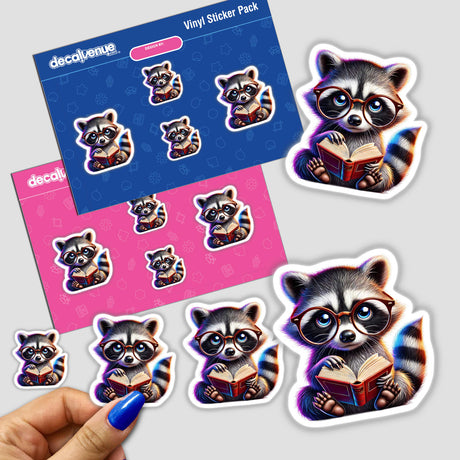 Sticker featuring a cartoon raccoon with reading glasses holding an open book, part of the Raccoon With Reading Glasses Open Book series, available as stickers or digital artwork from Decal Venue.