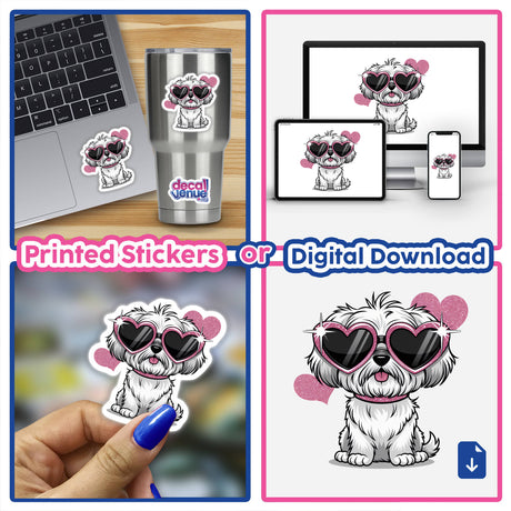 Maltese Dog with Heart Sunglasses sticker collage. Includes a cartoon dog with pink heart sunglasses on various items like laptops and cups. Available as stickers or digital downloads.