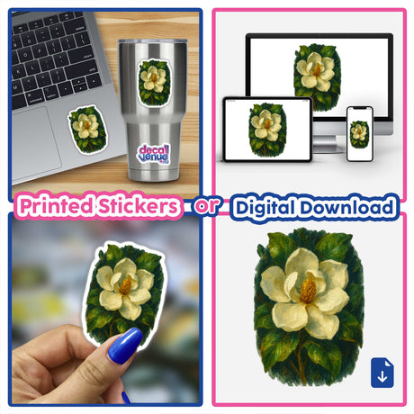 Louisiana Mississippi State Flower Sticker or Clipart featuring a detailed Magnolia Blossom Art, available as stickers or digital artwork, showcasing the intricate beauty and design typical of Decal Venue's offerings.