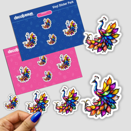 Peacock Stained Glass Style sticker pack, featuring detailed colorful peacocks with artistic leaves, shown in a hand. Available as stickers or digital artwork from Decal Venue.