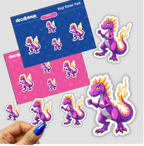 Dino Fighter - Blaze Tyranno sticker pack featuring cartoon purple dragons, available as vinyl stickers or digital artwork from Decal Venue.