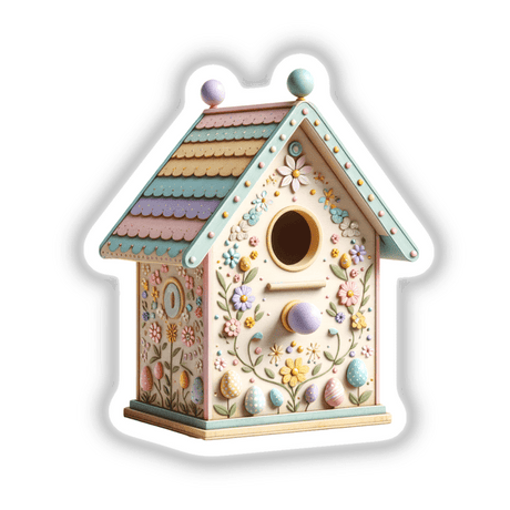 Colorful Hand-Painted Easter Birdhouse adorned with vibrant flowers and eggs, showcasing a whimsical design ideal for spring decor, available as a sticker or digital download from Decal Venue.