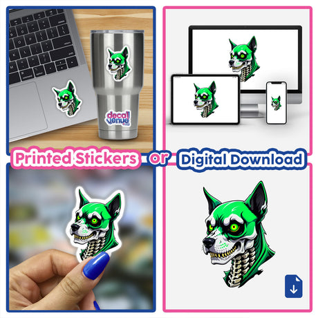 Collage featuring A Cool Undead Dog Skull as stickers and digital artwork, displayed on laptops and cups, highlighting its unique cartoon style in Decal Venue's creative collection.