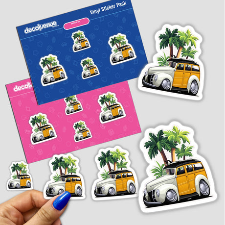 Sticker pack titled 'White Woodie Palm' featuring cartoon cars with surfboards and palm trees, held in hand; available as stickers or digital artwork from Decal Venue.