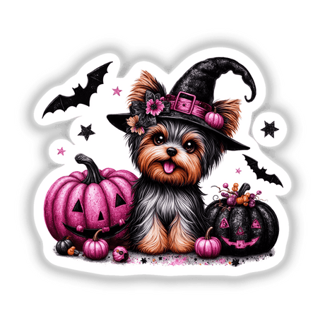 Adorable Yorkie dog wearing a witch hat surrounded by pink Halloween pumpkins and bats against a white background.