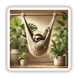 Sloth in knitted hammock surrounded by indoor plants, available as stickers or digital artwork.