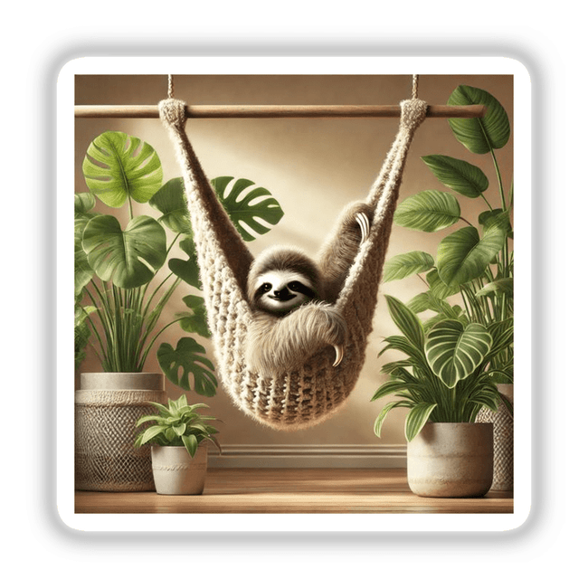 Sloth in knitted hammock surrounded by indoor plants, available as stickers or digital artwork.