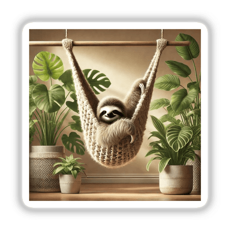Sloth in knitted hammock surrounded by indoor plants, available as stickers or digital artwork.