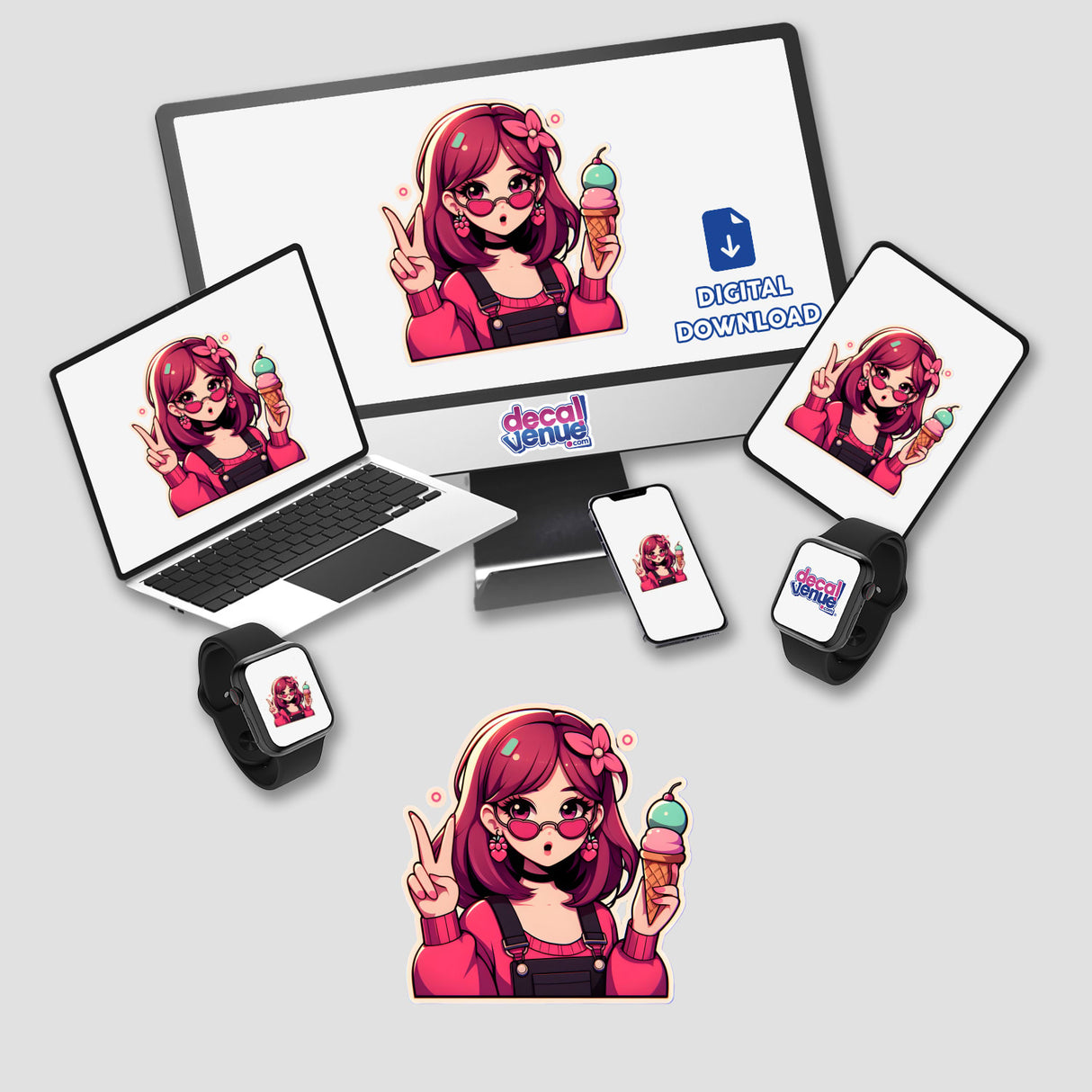 Girl ice cream sticker or digital artwork featuring a whimsical, cartoon-style girl enjoying a large ice cream cone, embodying Decal Venue's playful and unique vinyl art theme.