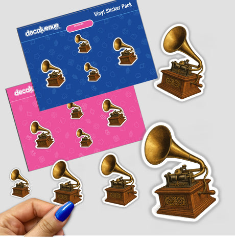 Victorian Edison Phonograph Clipart PNG & Sticker, featuring a detailed gramophone in 1880s lithograph style, ideal for crafts or decor, available as digital art or waterproof vinyl sticker.