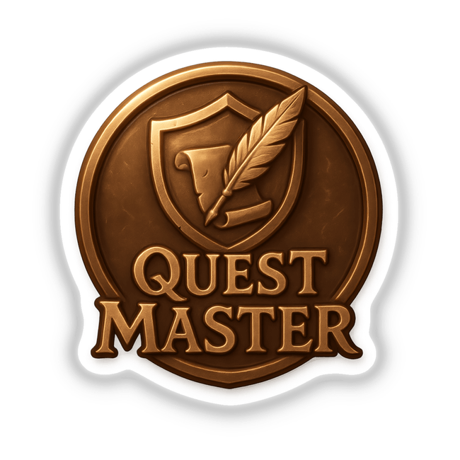 Quest Master – RPG-Style Skill Badge (Bronze Heroic Shield) depicted as a detailed vinyl sticker or digital artwork, showcasing intricate design elements emblematic of role-playing game themes.