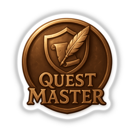 Quest Master – RPG-Style Skill Badge (Bronze Heroic Shield) depicted as a detailed vinyl sticker or digital artwork, showcasing intricate design elements emblematic of role-playing game themes.