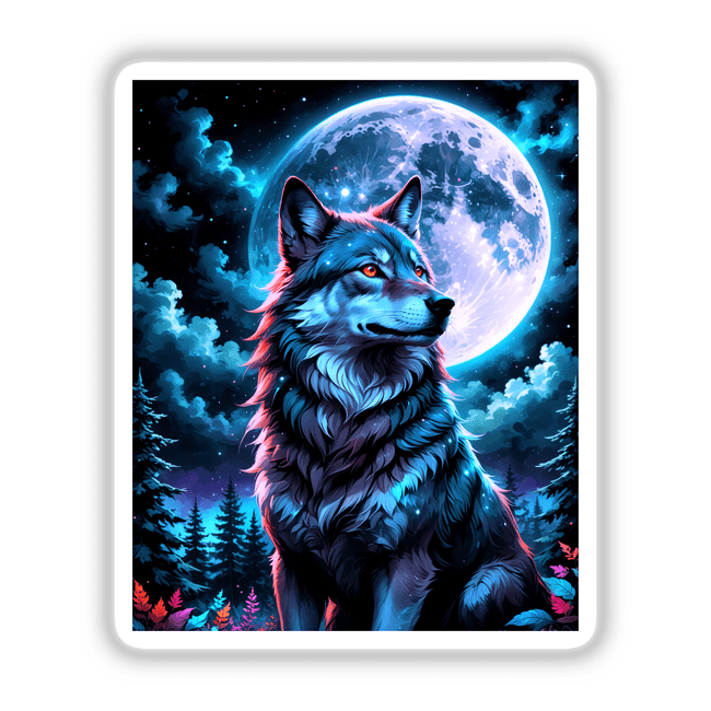 A Wolf In The Night With A Bright Moon depicting a wolf with red eyes set against a moonlit sky, available as a unique sticker or digital artwork from Decal Venue.