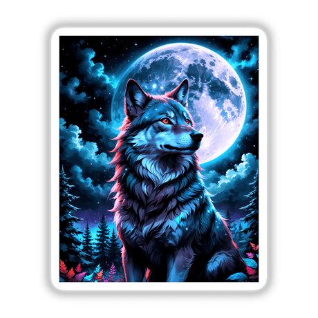 A Wolf In The Night With A Bright Moon depicting a wolf with red eyes set against a moonlit sky, available as a unique sticker or digital artwork from Decal Venue.