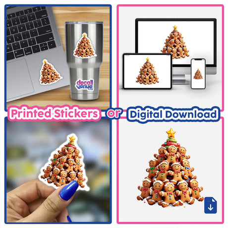 Gingerbread Men Pile Christmas Tree sticker collage featuring festive designs, including a Christmas tree topped with a yellow star, suitable for decorating laptops or as digital artwork.