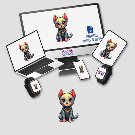 a laptop, phone, and other electronic devices with stickers on them