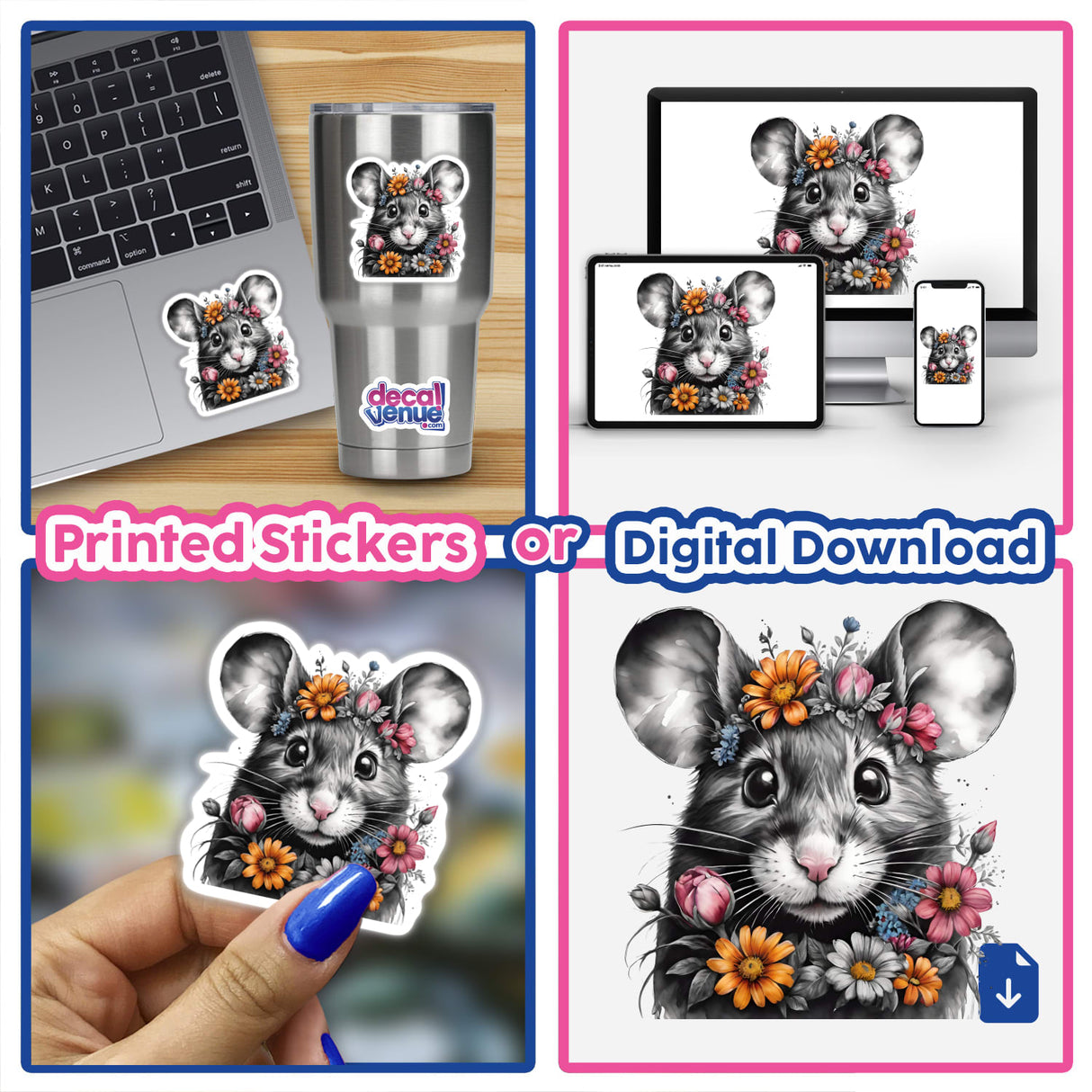 Adorable floral mouse portrait digital artwork or sticker featuring a cute gray mouse with intricate flower accents against a white background, showcased across various digital and physical products from the Decal Venue store.