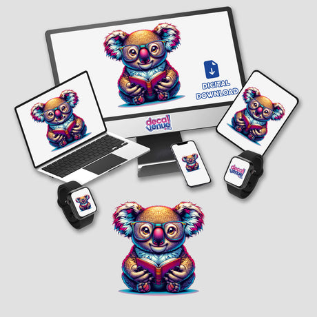 Koala With Reading Glasses Open Book depicted on screens, including a laptop and monitor, emphasizing its availability as stickers or digital artwork from Decal Venue.
