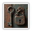 Old Key and Lock Dark Academia Sticker or Clipart with Commercial Rights Download featuring a detailed close-up of a vintage metal key and padlock on a wooden surface.
