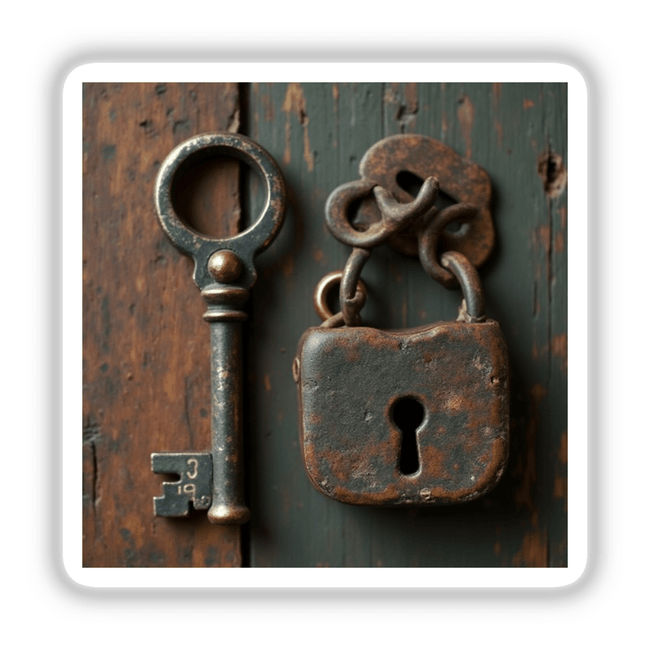 Old Key and Lock Dark Academia Sticker or Clipart with Commercial Rights Download featuring a detailed close-up of a vintage metal key and padlock on a wooden surface.