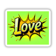 Love Valentine's Day sticker featuring bold yellow letters on a green background, designed with a creative font style. Available as unique stickers or digital artwork from Decal Venue.