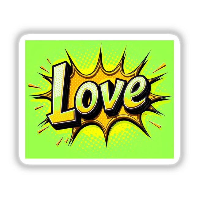 Love Valentine's Day sticker featuring bold yellow letters on a green background, designed with a creative font style. Available as unique stickers or digital artwork from Decal Venue.