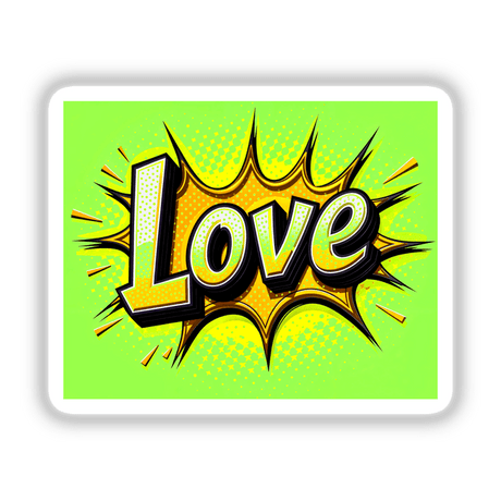 Love Valentine's Day sticker featuring bold yellow letters on a green background, designed with a creative font style. Available as unique stickers or digital artwork from Decal Venue.