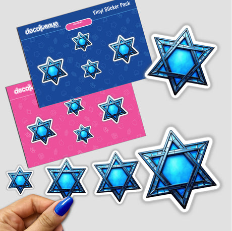 Star of David Stained Glass Style stickers featuring intricate blue star designs with black outlines, available as stickers or digital artwork.