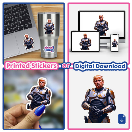 Collage featuring Futuristic President Donald Trump as stickers and digital artwork, highlighting a computer and laptop display in an indoor setting, reflecting Decal Venue's unique vinyl and digital art offerings.