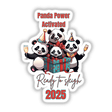 Christmas celebration pandas featuring cartoon pandas with gifts and champagne, available as stickers or digital artwork.