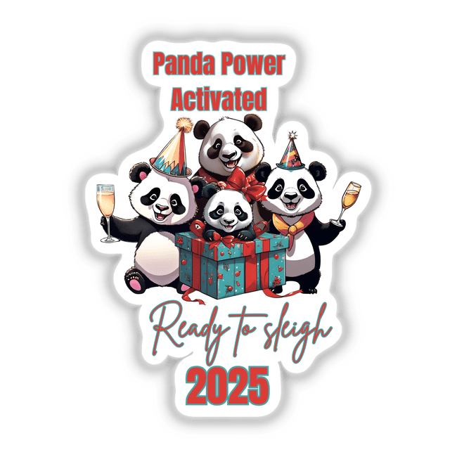 Christmas celebration pandas featuring cartoon pandas with gifts and champagne, available as stickers or digital artwork.