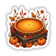Autumn Pumpkin Pie Clipart - Stickers or Download with Commercial Rights: Illustration of a pumpkin pie on a wooden crate, featuring detailed pumpkin and leaf embellishments, perfect for seasonal decorations.