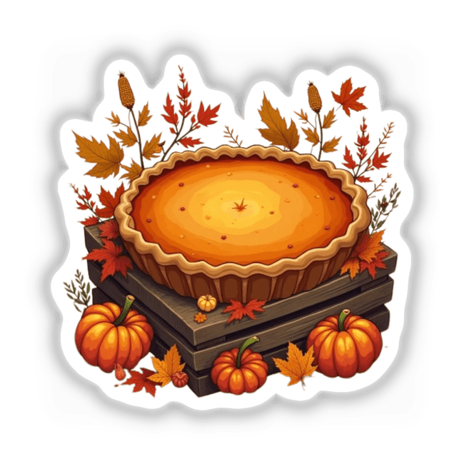Autumn Pumpkin Pie Clipart - Stickers or Download with Commercial Rights: Illustration of a pumpkin pie on a wooden crate, featuring detailed pumpkin and leaf embellishments, perfect for seasonal decorations.