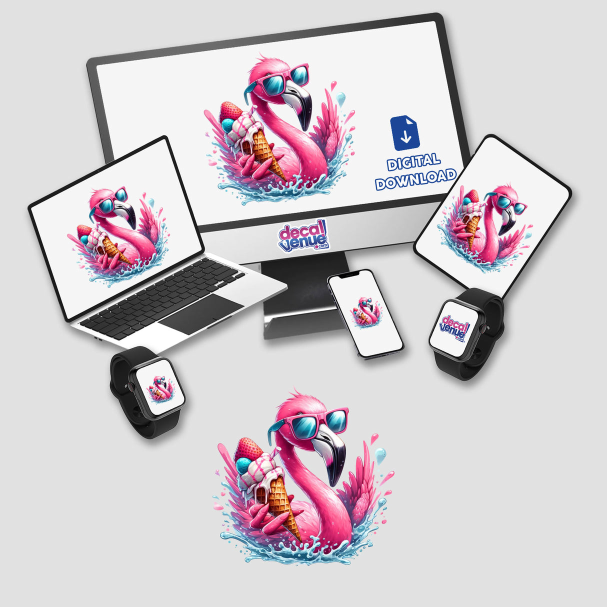 Flamingo Ice Cream Cone Splash featuring a playful pink flamingo wearing sunglasses, holding an ice cream cone, displayed on a computer monitor and laptop screen. Available as stickers or digital artwork.
