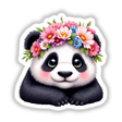 Sweet Panda Wearing a Flower Crown: a cartoon panda adorned with a vibrant flower crown, ideal as a high-quality sticker or digital artwork for personalizing spaces.