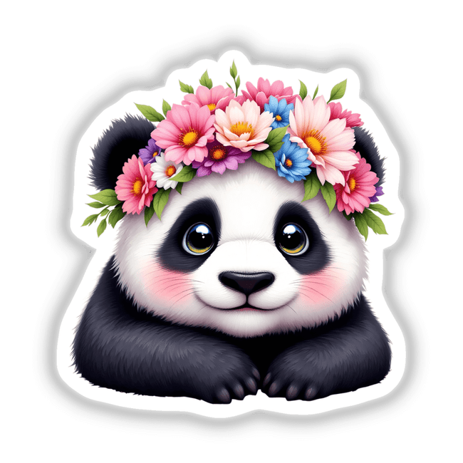 Sweet Panda Wearing a Flower Crown: a cartoon panda adorned with a vibrant flower crown, ideal as a high-quality sticker or digital artwork for personalizing spaces.