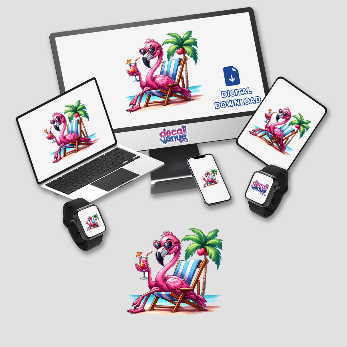 Vibrant digital artwork of a pink flamingo relaxing in a tropical setting with palm trees, holding a colorful tropical drink, surrounded by various electronic devices displaying the Decal Venue brand name and logo.