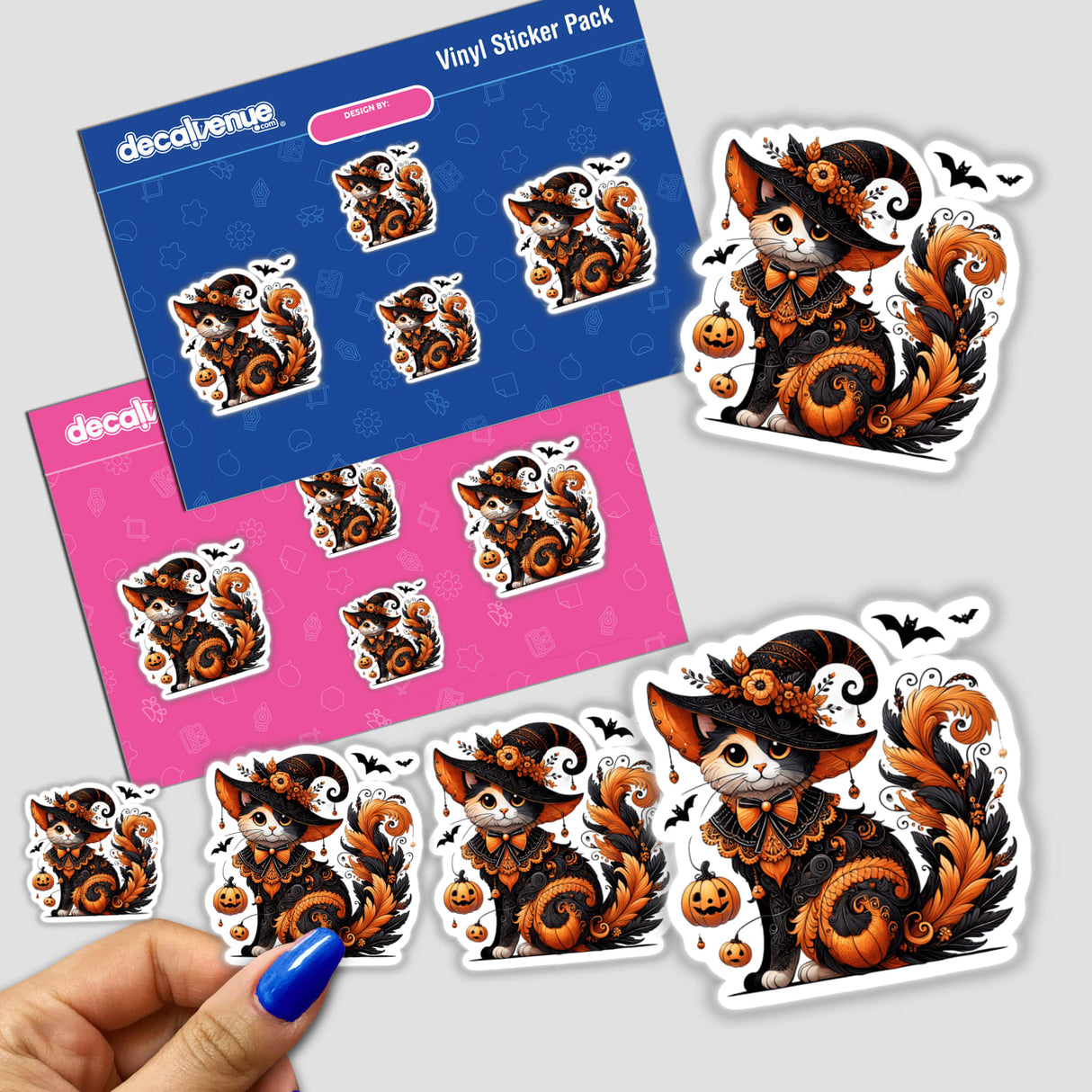 Halloween Cat in Witch Hat - Spooky and adorable digital artwork stickers featuring a whimsical black cat in an orange and purple witch's hat, among other festive Halloween elements. This product pack from Decal Venue offers a variety of fun, high-quality stickers for decorating or expressing your style.