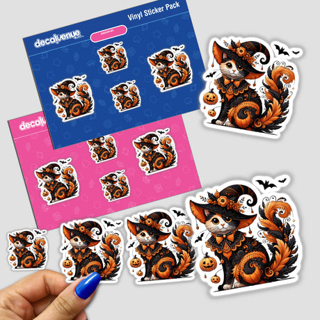 Halloween Cat in Witch Hat - Spooky and adorable digital artwork stickers featuring a whimsical black cat in an orange and purple witch's hat, among other festive Halloween elements. This product pack from Decal Venue offers a variety of fun, high-quality stickers for decorating or expressing your style.
