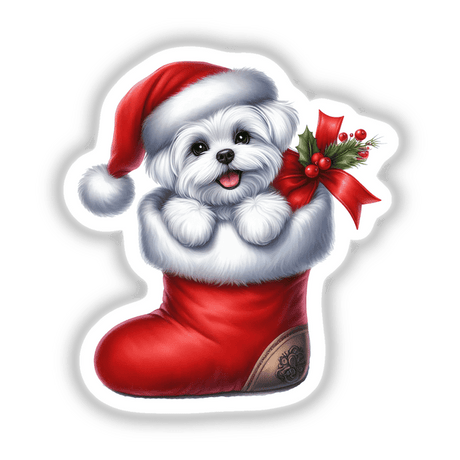 Peeking Santa Maltese Dog in Christmas Stocking sticker or digital artwork, featuring a fluffy white dog in festive attire with a Santa hat and red bow, perfect for holiday-themed decor.