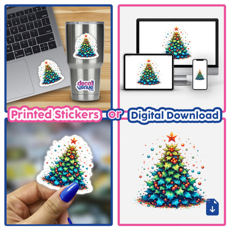 Holly Leaves Christmas Tree stickers displayed, featuring a Christmas tree adorned with holly leaves, red balls, and a star, available as unique decals or digital artwork from Decal Venue.