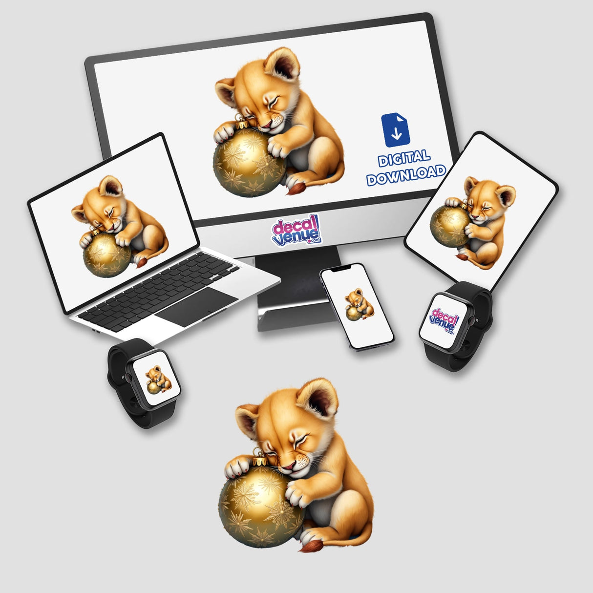 Baby Lion Sleeping on Christmas Ornament depicted on a computer monitor and laptop screen, showcasing a digital artwork available as stickers or digital art from Decal Venue.