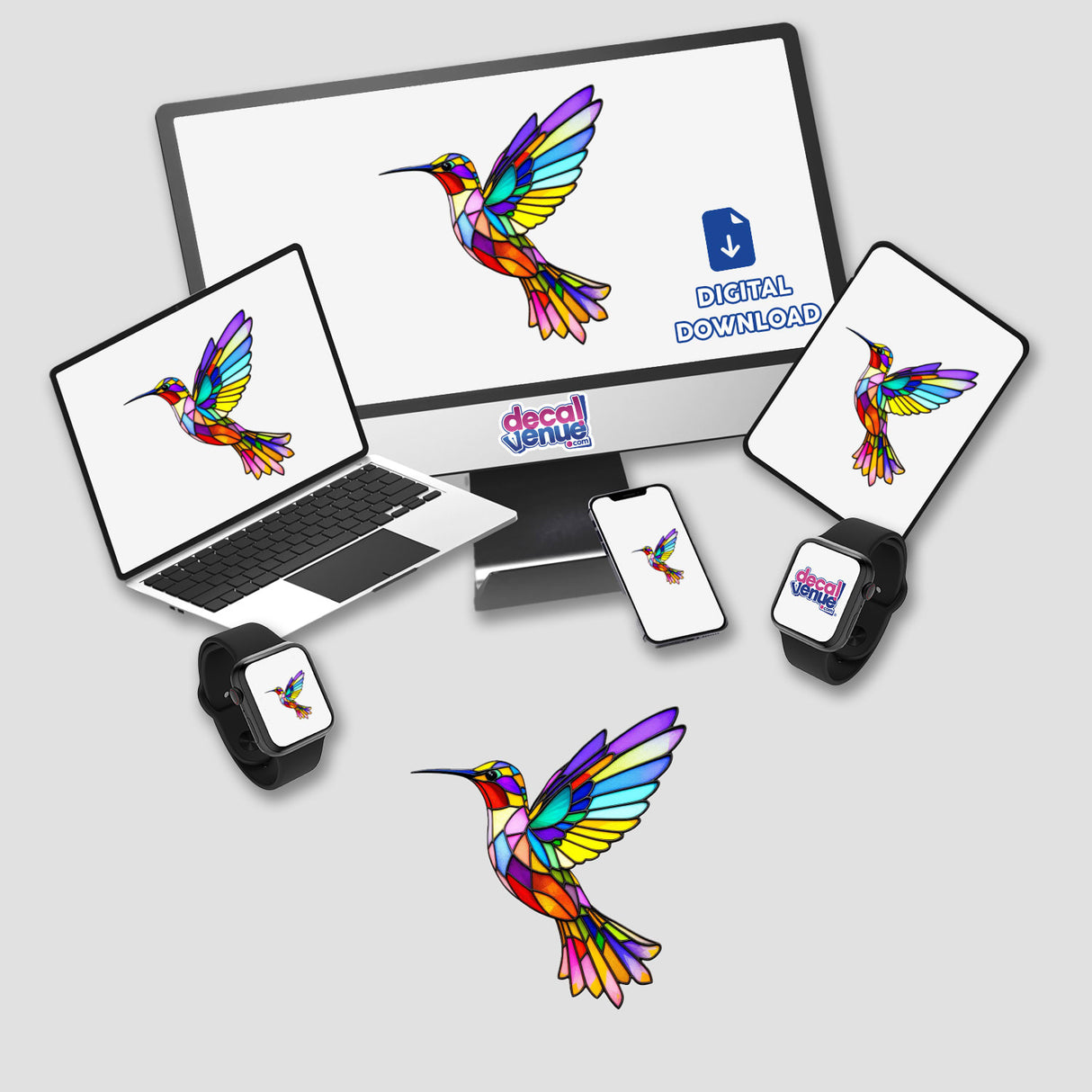 Hummingbird Stained Glass Style artwork displayed on a laptop, phone, and monitor. Available as stickers or digital art, showcasing vibrant, intricate hummingbird designs, ideal for tech customization.