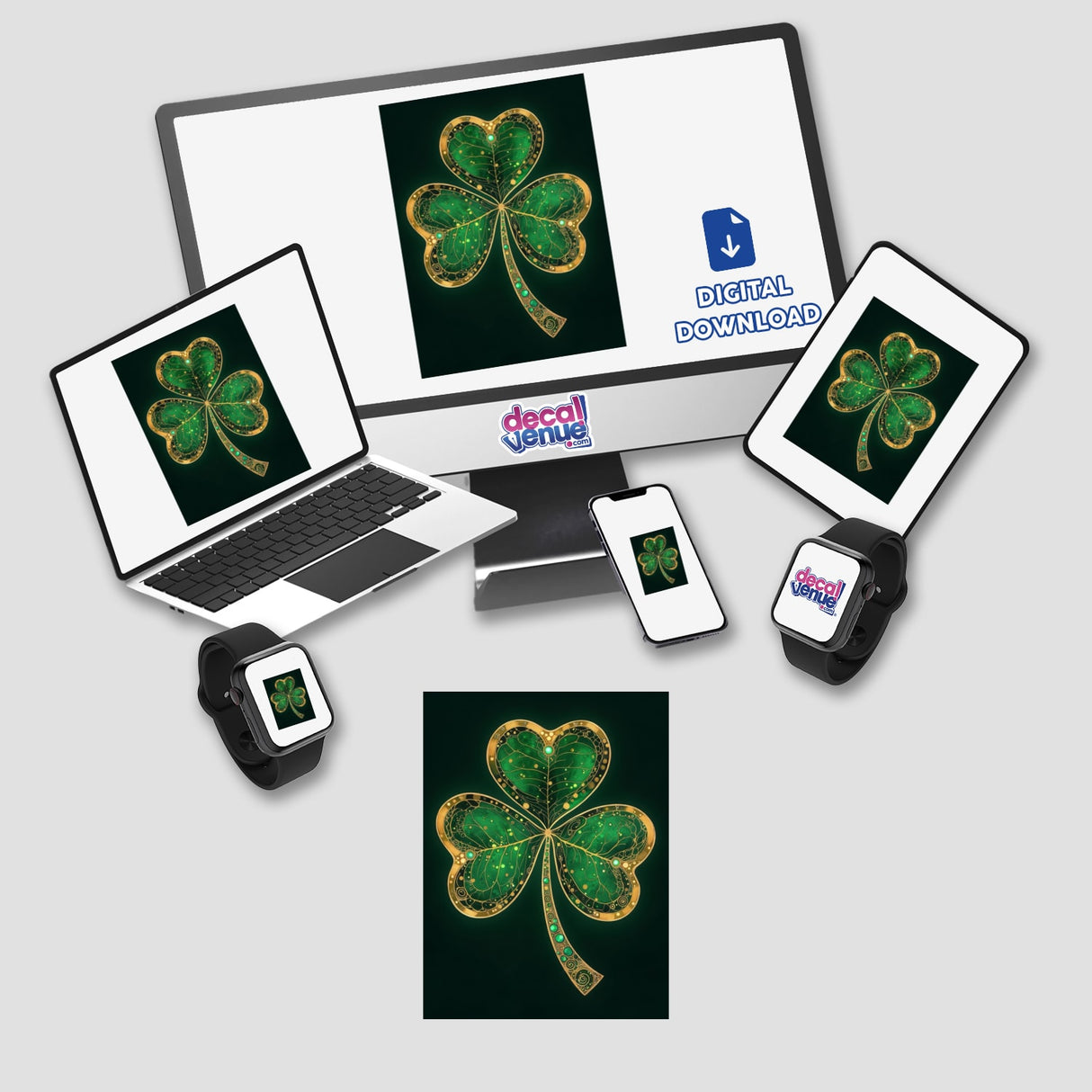 Shamrock – Green Clover with Gold and Emerald Accents displayed on a computer monitor and laptop, highlighting its availability as decorative stickers or digital artwork.